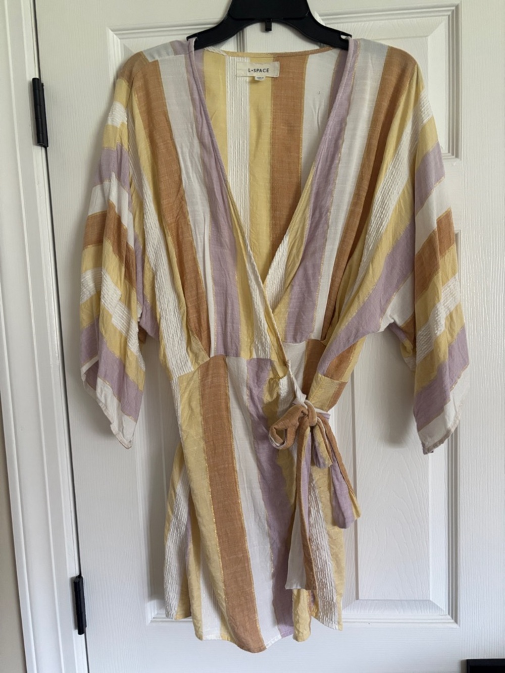 l*space Striped Wrap Mini Dress in Lavender, Mustard, White, and Tan Cover-up